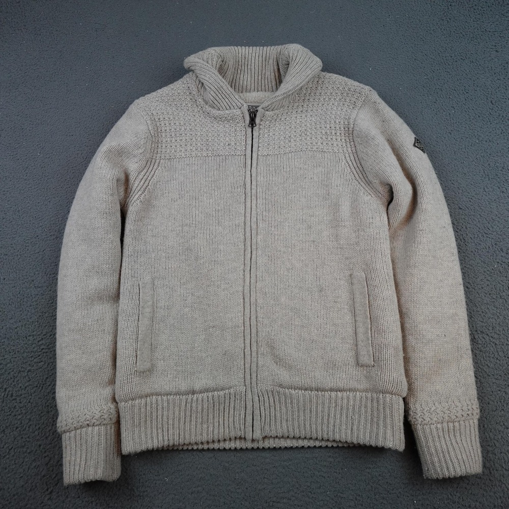 Schott Bros Sweater Mens Small Beige Wool Sherpa Lined Zip Mock Neck Jacket